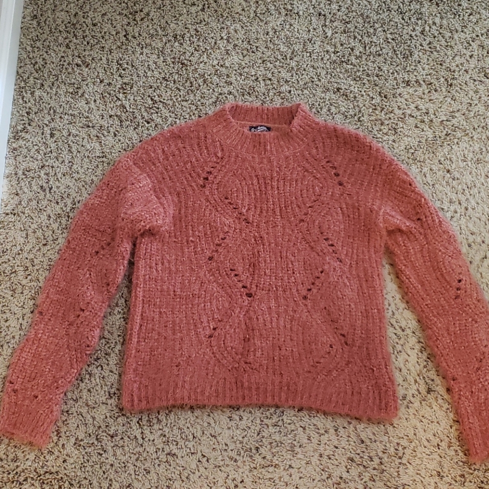 Rust-orange polyester cable knit sweater, size sm